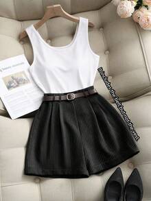 Franclia Versatile Casual Elegant Commuting Waist Belt Decor Gray Vertical Striped Shorts, Wide Leg Pants, Bermuda Pants, Autumn/Winter Stripe Shorts Elegant Shorts Shorts For Women Belted Shorts High Waist Shorts Casual Shorts Pleated Shorts - Black - View 7