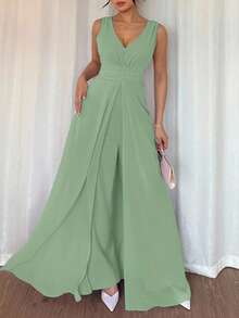 Rafferiza Elegant V-Neck Ruched Waist Pearl Chiffon Wide Leg Jumpsuit, Suitable For Wedding Guest Dress, Purple - Mint Green - View 3