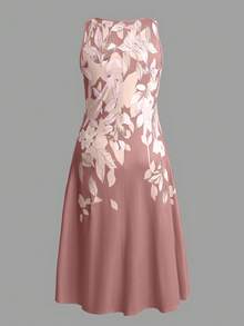 EMERY ROSE 大码女式针织开衫和无袖印花连衣裙两件套，休闲度假装 - 珊瑚粉 - 查看 6