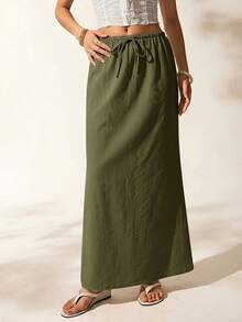 Women's Summer Solid Color Drawstring Waist Fishtail Skirt, Army Green - Army Green - View 5