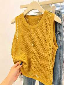 SHEIN LUNE 2026 大码女式时尚休闲简约百搭圆领系带海军蓝毛衣背心，适合日常穿着 - 黃色 - 查看 1