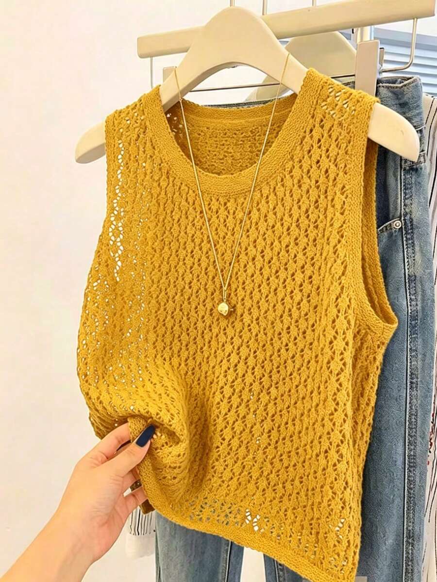 SHEIN LUNE 2026 大码女式时尚休闲简约百搭圆领系带海军蓝毛衣背心,适合日常穿着 - 黃色 - 查看 1