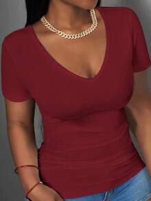 Slaydiva 2025 New Basic Sleeveless V-Neck Ribbed Tank Top For Plus Size Women, White - Burgundy - View 1