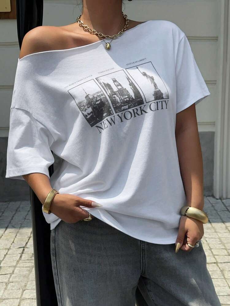 Dazy Plus Graphic Print Loose Off-Shoulder Casual Street Style Plus Size White Short Sleeve T-Shirt For Women, Spring/Summer