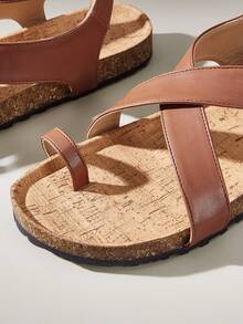 Solecia Women Shoes Spring And Summer New Models, Open-Toed Round Toe Design, Cross Multi-Buckle Decoration, Slip-On Exposed Heel, Comfortable And Simple Vacation, Women's Flat Shoes, A Must For Commuting, Casual And Versatile - Brown - View 5
