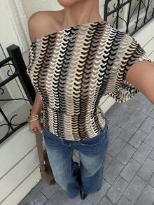 Siren Gaze Women's Striped Asymmetrical Shoulder Top, Spring/Summer,Summer Top - Multicolor - View 4