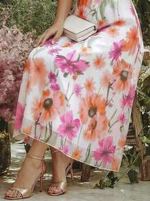 Vestido con estampado francés, mangas sueltas, puños elásticos y cintura drapeada para mujeres - Multicolor 2 - Ver 4