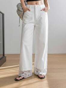 Dazy-Less Women's Casual Versatile Solid Color Lace Patchwork Denim Jeans - White - View 3