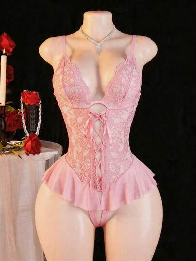 Spicy Aura Women's Sexy Lace Mesh Strap Ruffle Trim Open Crotch Bodysuits