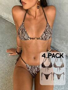 Aloruh Bộ bikini nữ, gợi cảm, thanh lịch, lãng mạn với họa tiết hoa và da báo, áo bikini tam giác nhỏ buộc dây cổ yếm và quần bikini buộc dây bên hông, bộ 4 món. - Nhiều màu - Xem 1