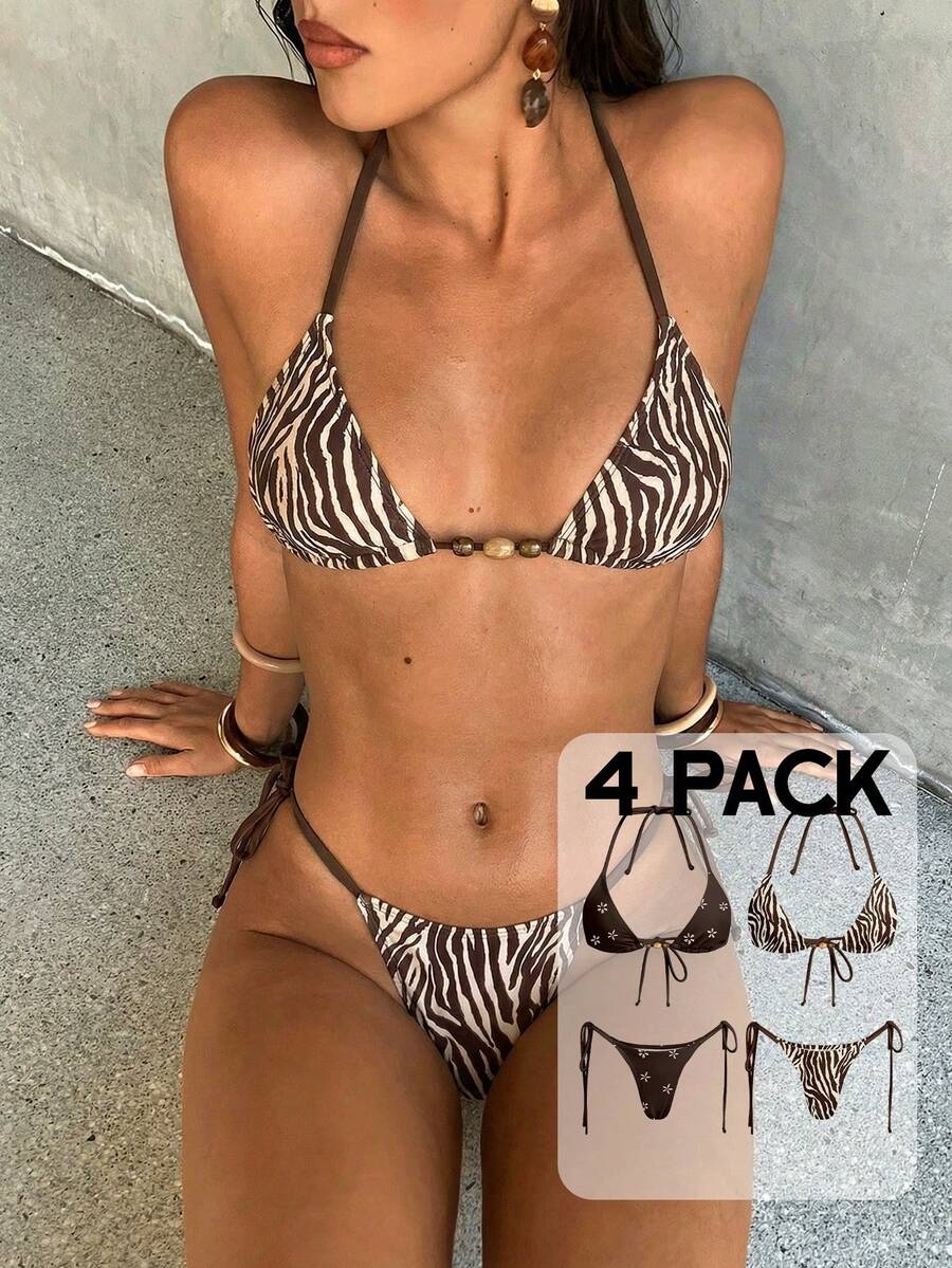 Aloruh Bộ bikini nữ, gợi cảm, thanh lịch, lãng mạn với họa tiết hoa và da báo, áo bikini tam giác nhỏ buộc dây cổ yếm và quần bikini buộc dây bên hông, bộ 4 món. - Nhiều màu - Xem 1