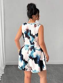 SHEIN Clasi Plus Size Women's Brown Elegant Summer Jumpsuit, Ink Wash Print Metal Buckle Decor Adjustable Strap Waist Casual Holiday Shorts - Blue - View 2