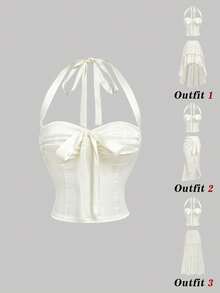 SHEIN MOD 女士优雅纯色前系带露背紧身背心，夏季 - 杏色 - 查看 2