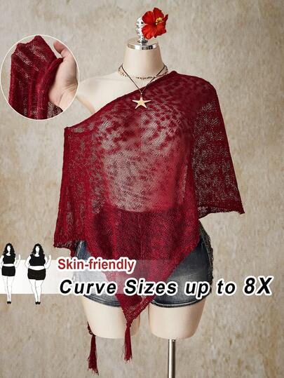 SHEIN CURVE+ 大码女式宽松露肩流苏针织毛衣