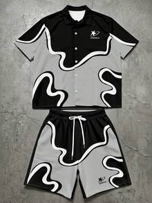 Manfinity EMRG Plus Size Men Letter Print Short Sleeve Shirt And Shorts Casual Set - Multicolor - View 1