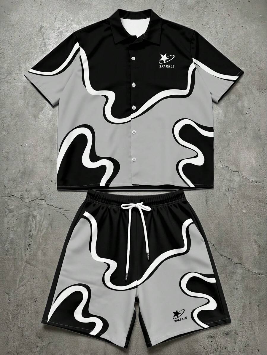 Manfinity EMRG Plus Size Men Letter Print Short Sleeve Shirt And Shorts Casual Set - Multicolor - View 1