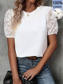 SHEIN Privé Áo kiểu nữ 100% cotton tay phồng phối lưới tương phản - Phong cách thanh lịch và giản dị, hoàn hảo cho các lễ hội miền Tây, kỳ nghỉ xuân/hè ở bãi biển, kỳ nghỉ xuân, đám cưới phong cách boho trên đảo nhiệt đới, kỷ niệm, tiệc phù dâu, hẹn hò, vẻ ngoài quyến rũ cho khách dự đám cưới, tiệc cô dâu và kỳ nghỉ bên bờ biển. - Nhiều màu - Xem 2