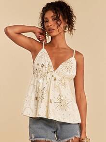 Travachic Women's Sequin Design Ruffle Hem Camisole - Beige - View 6
