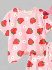 SHEIN Cream Pink, Sweet Girl Strawberry Flower Pattern, Young Girl Casual Comfortable Round Neck Short Sleeve T-Shirt And Shorts Set, 2pcs, Suitable For Spring/Summer Daily, Holiday, Festival, Outing, Spring Vibes, Summer Vibes, Spring & Summer Outfits Easy Comfort, Stylish Girl Set, Casual Wear, Kids Strawberry & Flower Graphic Clothes, Spring & Summer Set, New Style, Chill Chill, Chill Summer Vacation, Girly Style - Multicolor - View 4