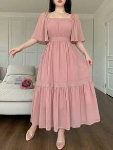 Vestido midi de encaje con bloques de color y estampado floral para mujeres, atuendo de vacaciones, Pascua y estilo bohemio - Rosa - Ver 3