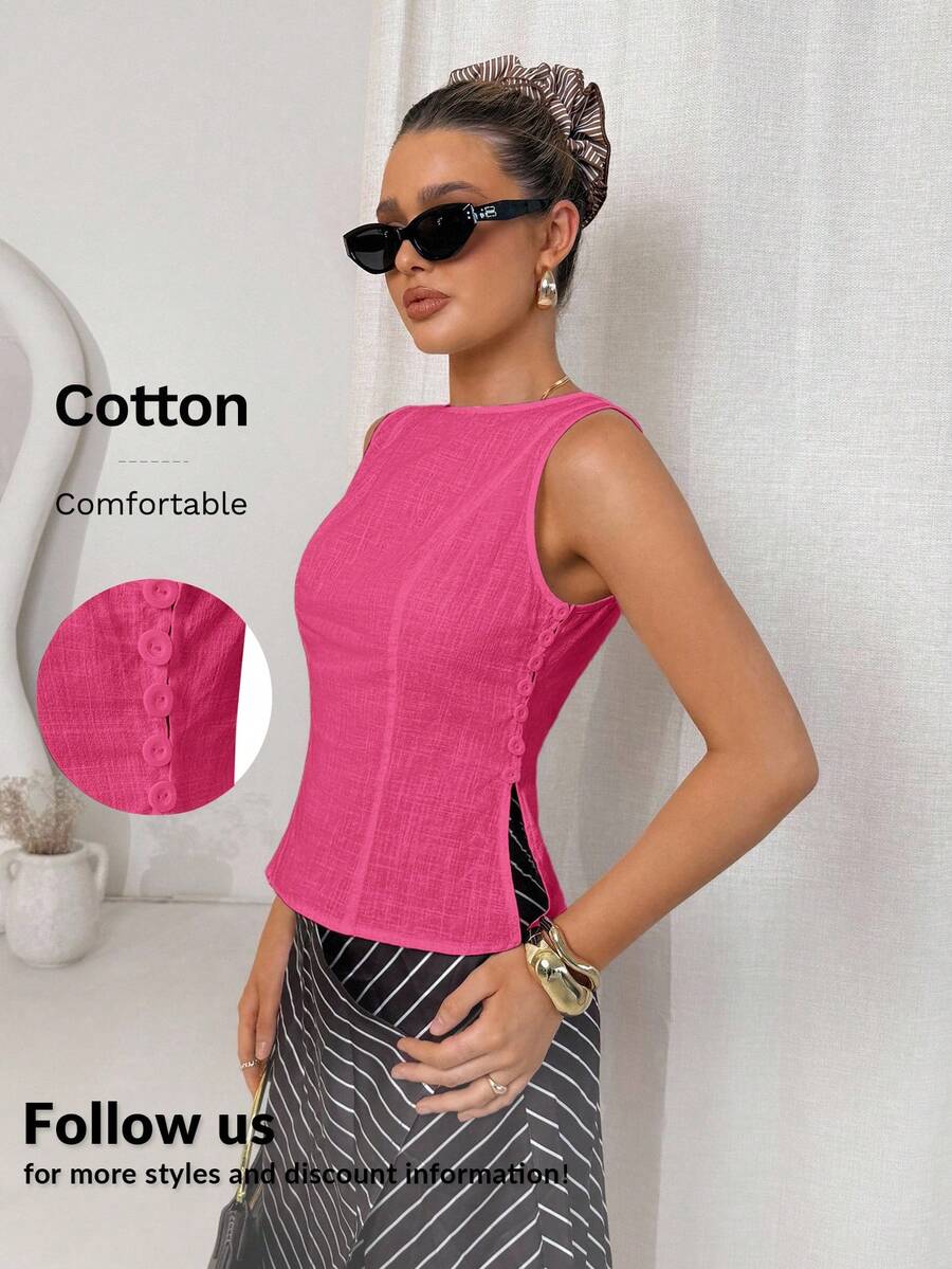 SHEIN Lavishia 无袖棉麻白色竹结纽扣修身复古办公衬衫 - 玫紅色 - 查看 1