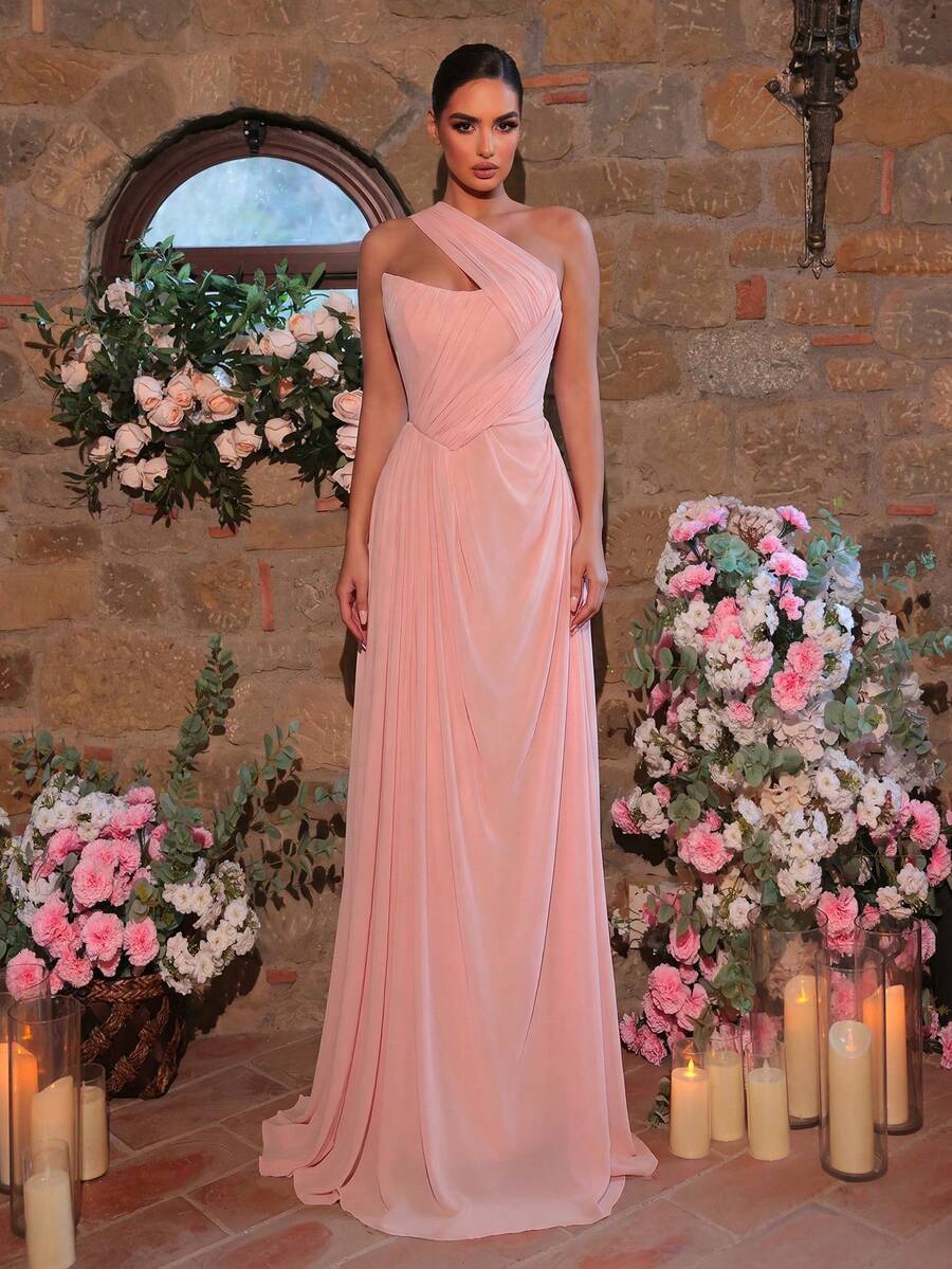 Glamrae Gaun A-Line Asimetris Satu Bahu Berbahan Chiffon Minimalis Elegan dengan Dekorasi Lipit, Cocok untuk Gaun Malam, Acara Formal Bisnis, dan Gaun Tamu. - Coral Pink - View 1