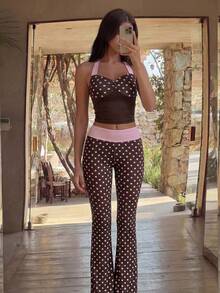 Bonvoyette 2 Pieces Sets Brown And Pink Color Wave Point Sexy Backless Sleeveless Top Pants Set,Streetwear,Autumn And Winter Set,Concert Set,Club Set,Date Night Set,Elevated Elegance Set,Prom Set,Rave Set,Women Birthday Set,Party Must Have,Christmas Set,Valentine Set,New Year Set - Multicolor - View 1