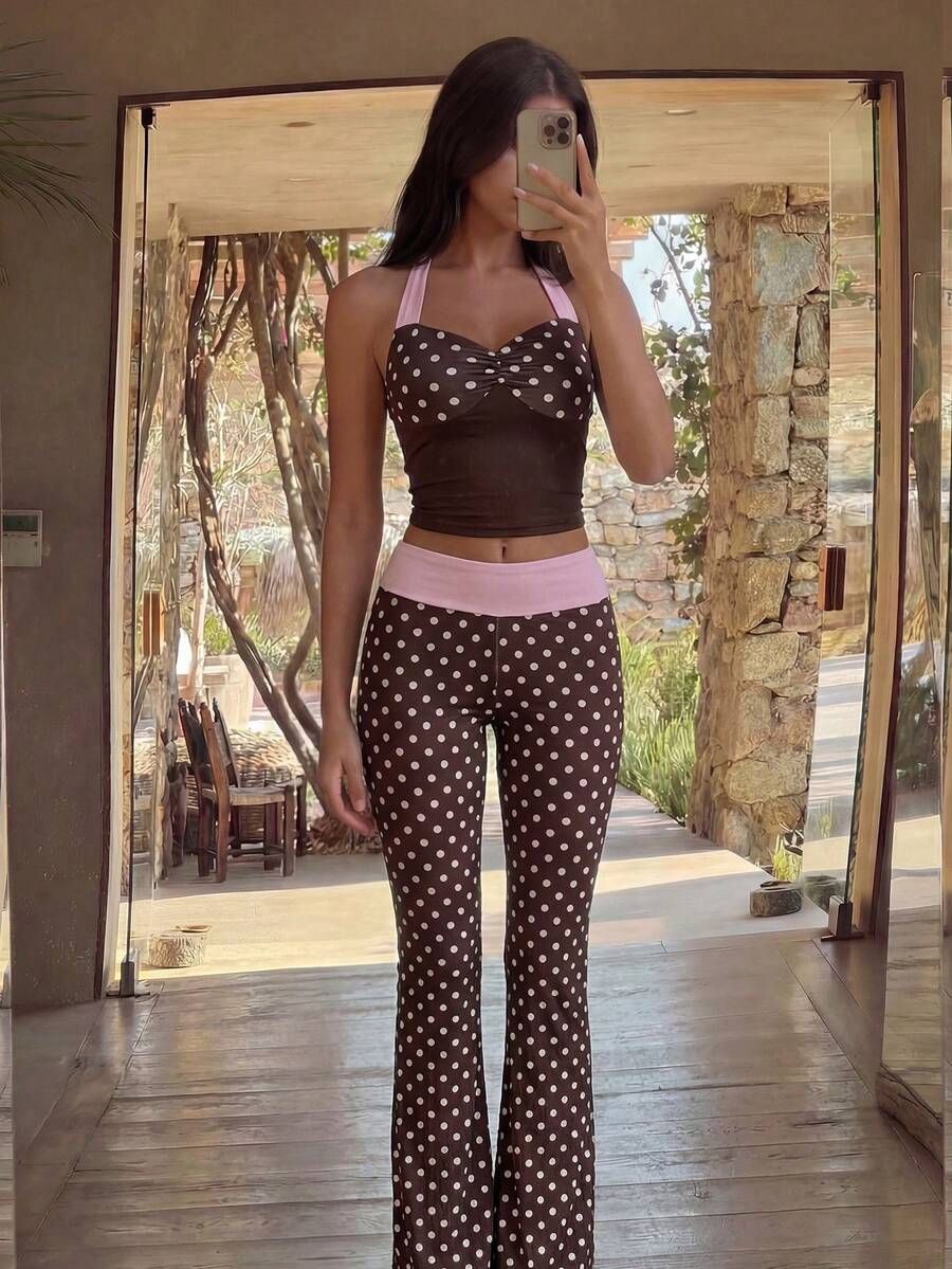 Bonvoyette 2 Pieces Sets Brown And Pink Color Wave Point Sexy Backless Sleeveless Top Pants Set,Streetwear,Autumn And Winter Set,Concert Set,Club Set,Date Night Set,Elevated Elegance Set,Prom Set,Rave Set,Women Birthday Set,Party Must Have,Christmas Set,Valentine Set,New Year Set - Multicolor - View 1
