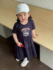 DAZY 女嬰圓領休閒短袖荷葉邊飾英文字印花短洋裝 夏季幼兒 - 藍色 - 查看 6