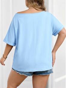 SHEIN CURVE+ 大码女式休闲宽松斜肩黑色T恤，黑色不对称肩部上衣，黑色无肩带上衣 - 藍色 - 查看 2