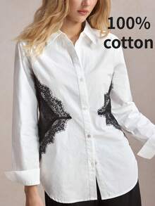 Camisa de manga larga para mujer con botones en los hombros, estilo clásico vintage de los 90, romántica, adecuada para ir al trabajo, oficina, uso diario casual, - Blanco y Negro - Ver 2
