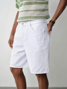 Manfinity Homme Men's Casual Versatile Solid Color Denim Shorts Jorts - White - View 5