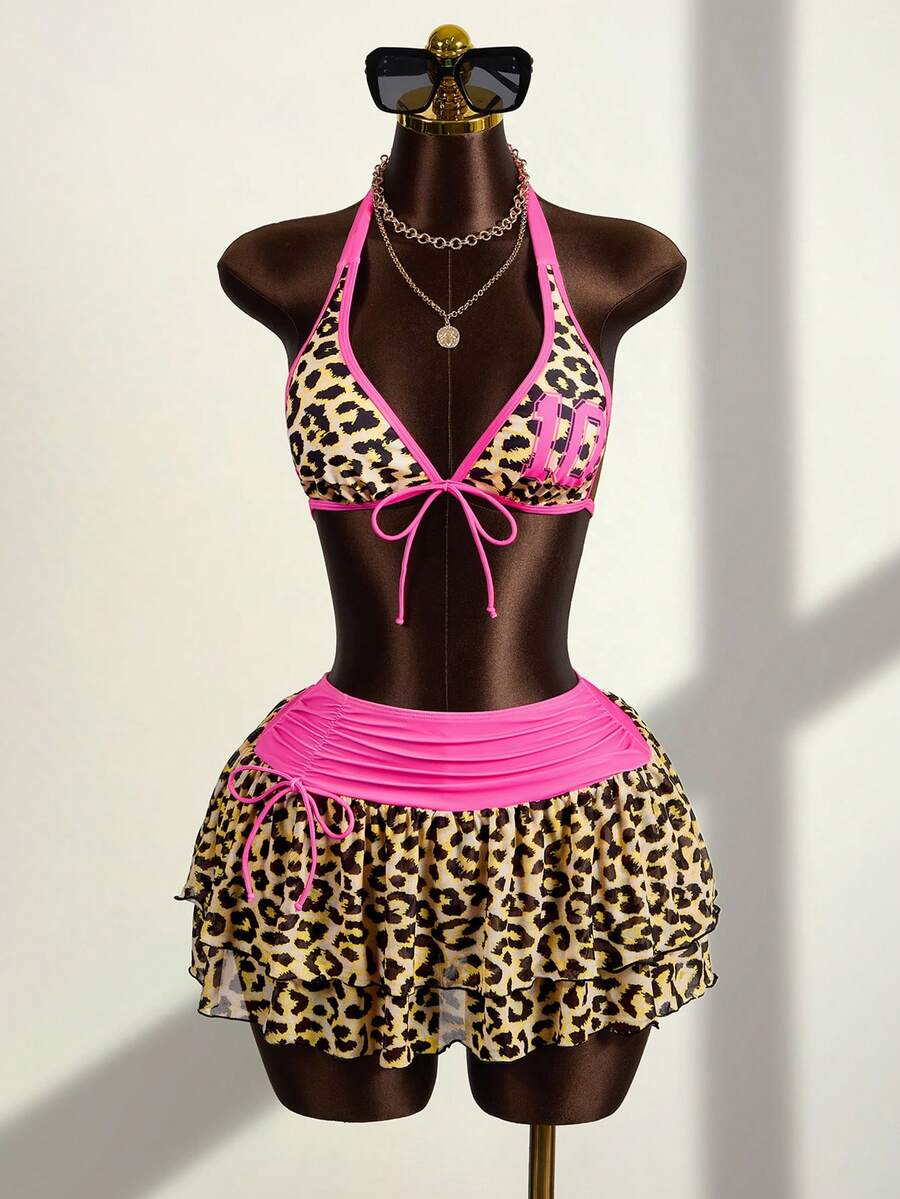 Zestiva Conjunto de bikini de 3 piezas con estampado de leopardo y bloque de color, con parte delantera con lazo y espalda descubierta, talla grande falda de cobertura, para vacaciones de verano en la playa - Rosa - Ver 1