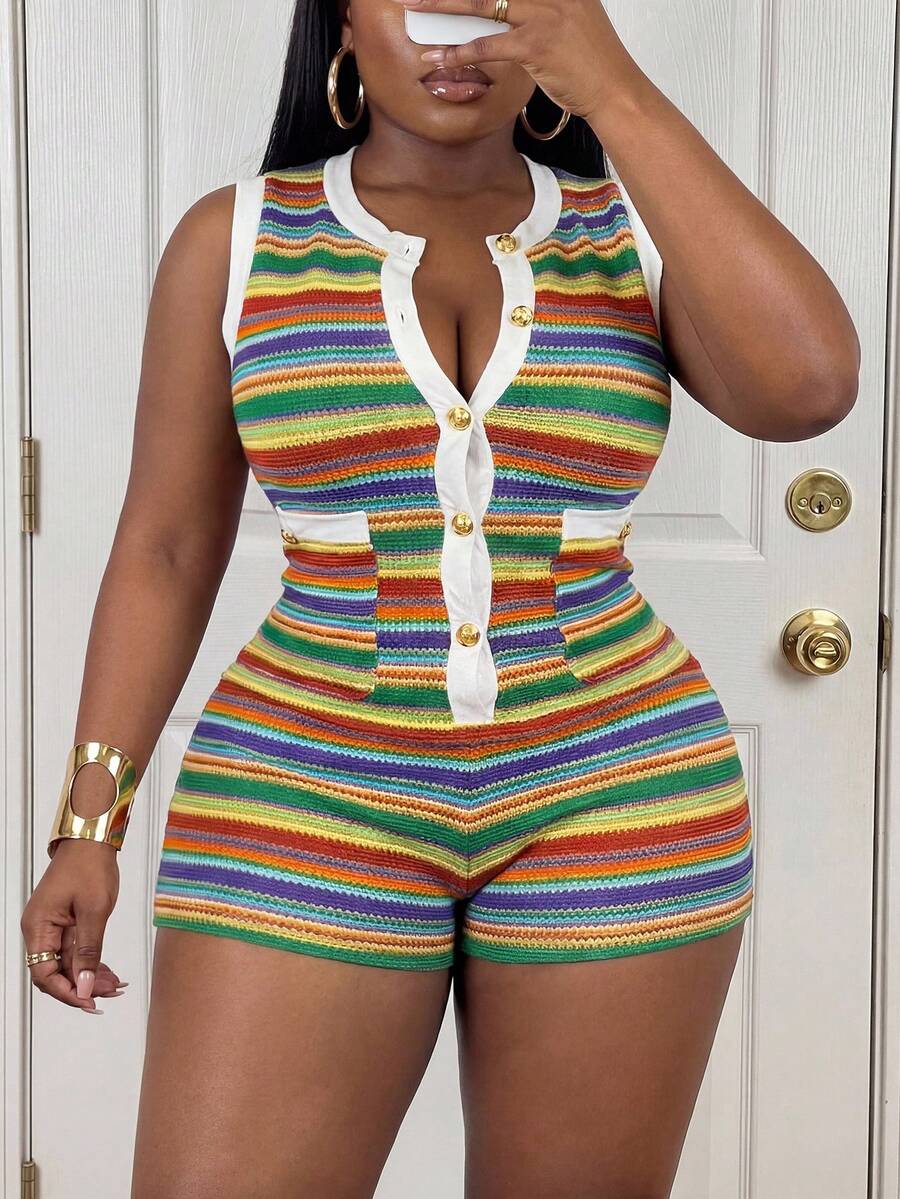 Slaydiva Bộ jumpsuit ngắn không tay cổ tròn kẻ sọc nhiều màu sắc dành cho nữ, có túi, thích hợp cho mùa Xuân/Hè 2026, phù hợp cho đi làm và sinh nhật, lễ tốt nghiệp, học sinh, đi chơi hàng ngày, cơ bản, đa năng, giải trí, kỳ nghỉ, du lịch biển, tắm nắng, xu hướng, công sở thường ngày, tối giản và thường ngày, đi nghỉ mát và dã ngoại.