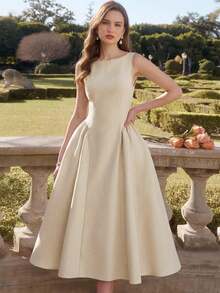 age beige claro para mujer con bolsillos, espalda descubierta y lazo, atuendo de verano para fiesta de té, invitada de boda, graduación, baile de graduación, vacaciones y concierto campestre - Albaricoque - Ver 3