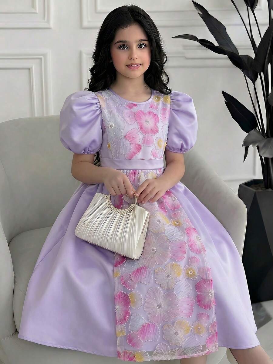 SHEIN 少女优雅紫色串珠刺绣彼得潘领短袖A字公主裙 - 紫色 - 查看 1