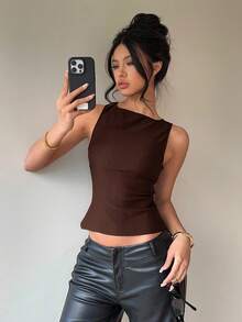 Aloruh 女款露背蝴蝶結圓領無袖棕色系上衣，適合通勤、日常穿著、晚餐約會，夏季優雅上衣 - 棕色 - 查看 2