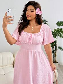 Solflare Romantic Long Flounce Sleeve A-Line Dress, Suitable For Casual, Party, Commute, Wedding, Music Festival, Beach Vacation, Plus Size, Pink - Pink - View 4