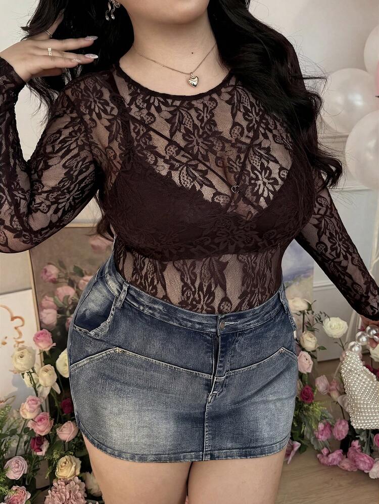 SHEIN CovetEZ Áo liền thân ren gợi cảm cỡ lớn màu nâu cà phê dành cho nữ - Cà phê nâu - Xem 5