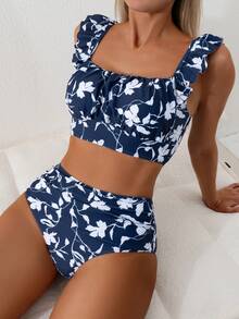 EMERY ROSE 2pcs Women's Summer Beach Elegant Vacation Solid Color Ruffle Strap Pleated Front Top And High Waist Ruched Triangle Bottoms Set - Multicolor - View 3