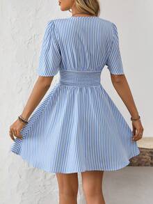 Breezaya 女士V领条纹休闲/通勤迷你连衣裙 - 藍白色 - 查看 2