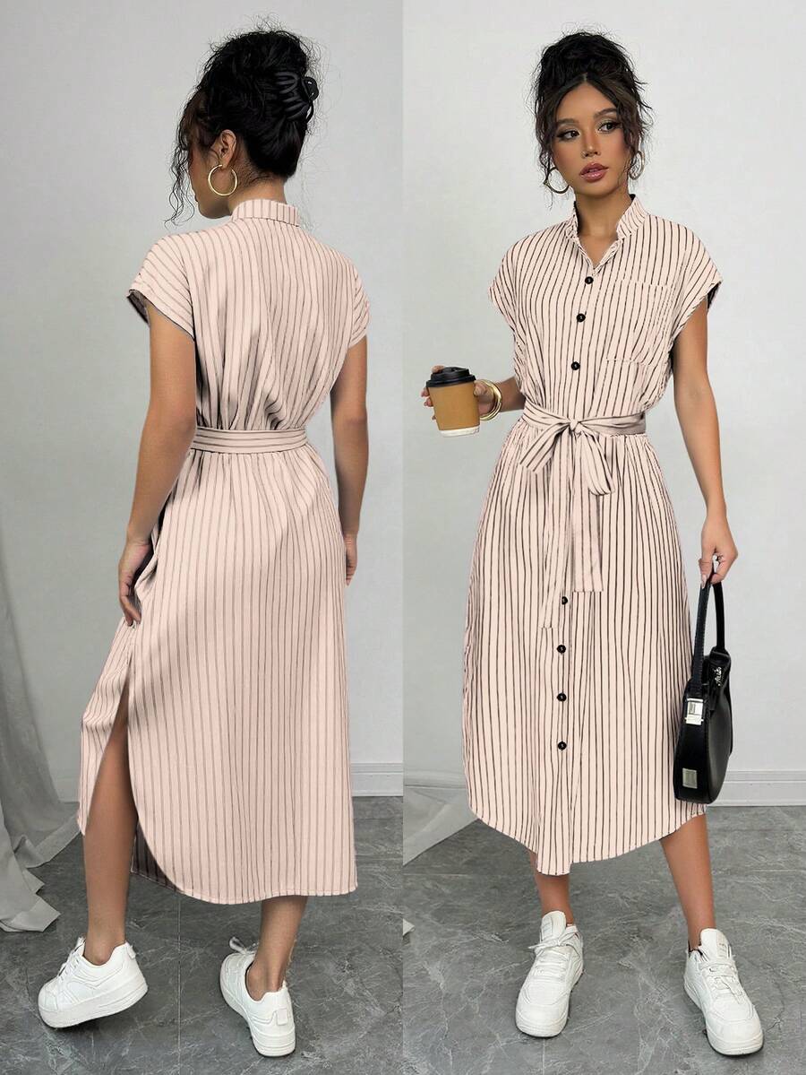 Elenzga 浪漫优雅毕业音乐会穿搭商务休闲老钱风 Anouk Yve Aura 低调风格通勤蓝色条纹衬衫裙短袖口袋蝴蝶结开衩2025春夏度假休闲居家新款长裙 - 杏色 - 查看 1