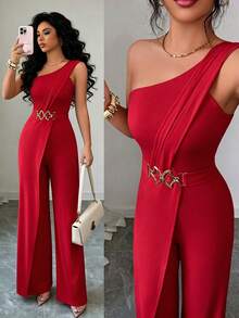 Elenzga Bộ jumpsuit ôm sát cơ thể thiết kế lệch vai có khóa cài dành cho nữ. - Đỏ - Xem 9