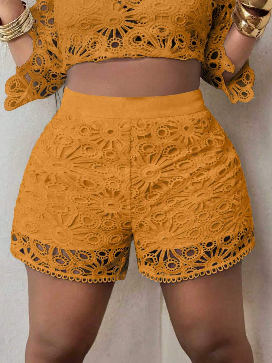 Plus Size Women's Summer Beach Vacation Style Water-Soluble Lace High Waist Shorts - Yellow - View 1