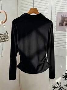 INAWLY Plus Size Women Summer Elegant Brown Autumn French Embroidered V-Neck Shirt Waist-Cinching Long-Sleeve Top Dinner Mother's Day Gift Top Gym - Royal Blue - View 2