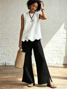 Omancia Conjunto de top sin mangas con volantes en el bajo y pantalones rectos de lino con sensación vintage, elegante, cómodo y minimalista para vacaciones de verano - Negro - Ver 9