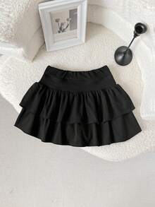 SHEIN Young Girl Knitted Solid Color Cute Ruffle Layered Built-In Shorts Mini Skirt,Black Skirts For Girls,Kids,Plain - Black - View 4