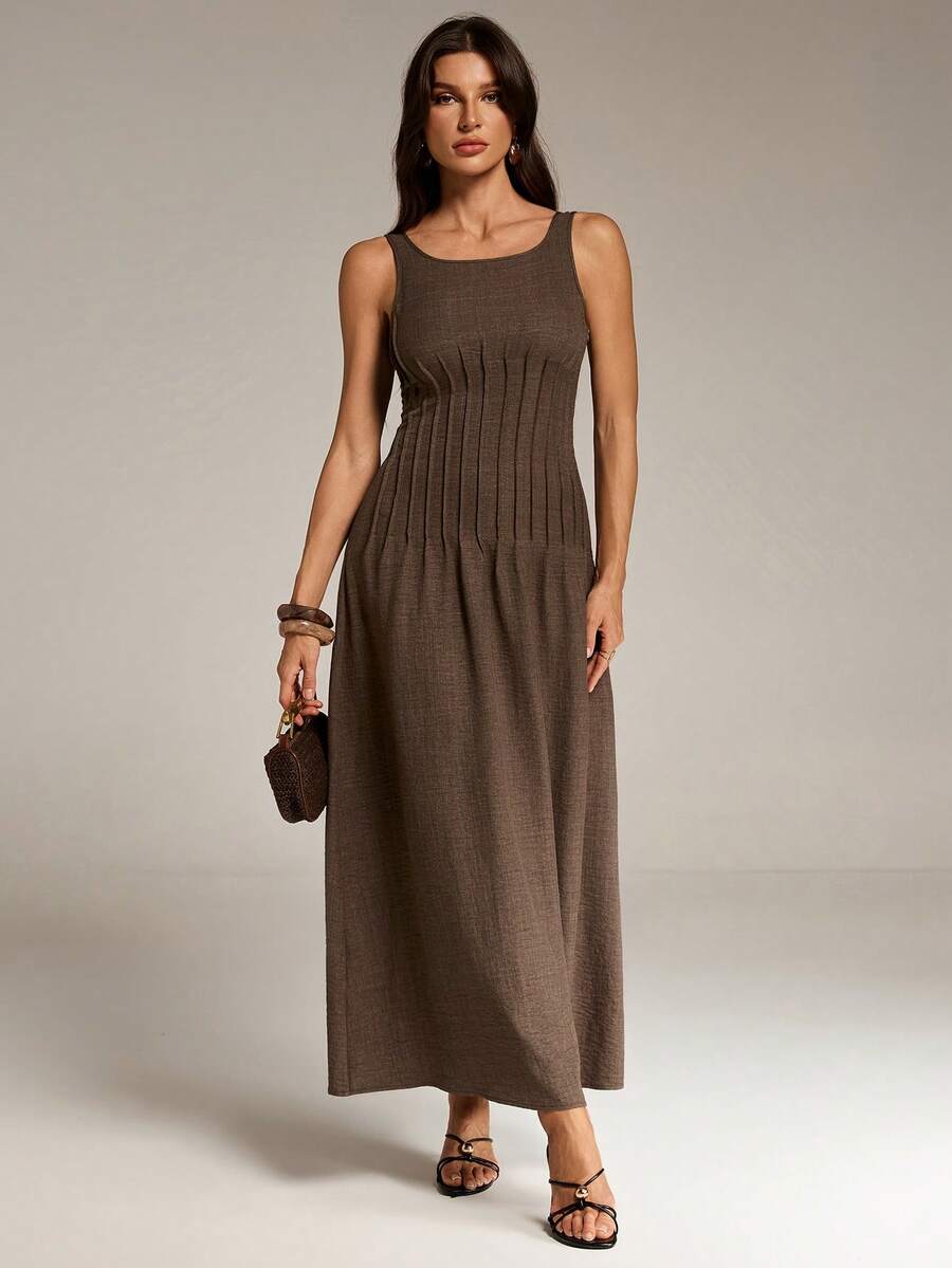 SHEIN Tall Summer New Style Waist Ruched Cinched Waist A-Line Long Dress For Women Brown Casual Brown - Brown - View 1