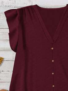 SHEIN LUNE Women's Solid Color Button Design Casual Shirt, Suitable For Summer,Summer Top - Burgundy - View 3