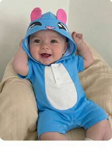 SHEIN Unisex Newborn Baby Boy/Girl Cute 3D Big Ear Design Hooded Short Sleeve Romper Set, Baby Outfit Boy Baby Clothes Unisex Baby Clothes Baby Suit  Knit Baby Romper - Blue - View 2